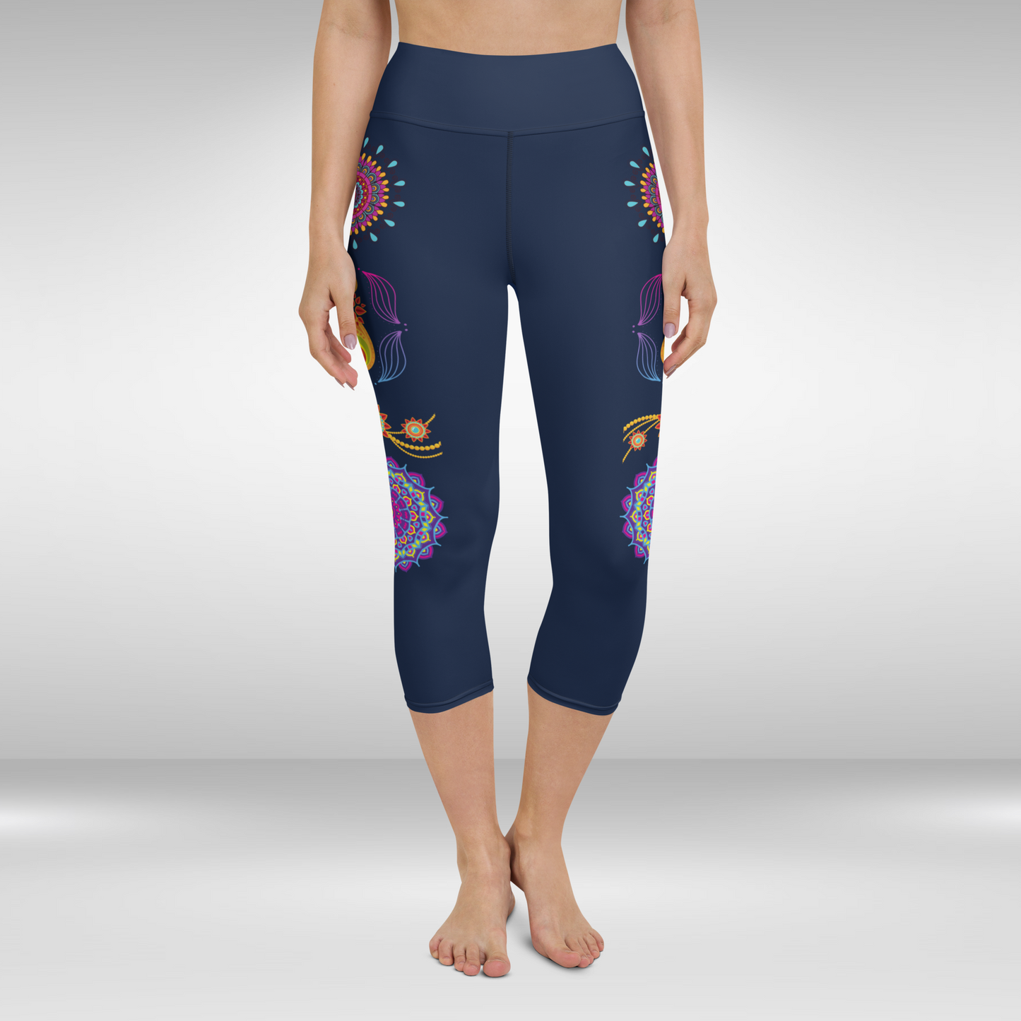 Women Capri Legging - Navy Blue Festive Mandala Print