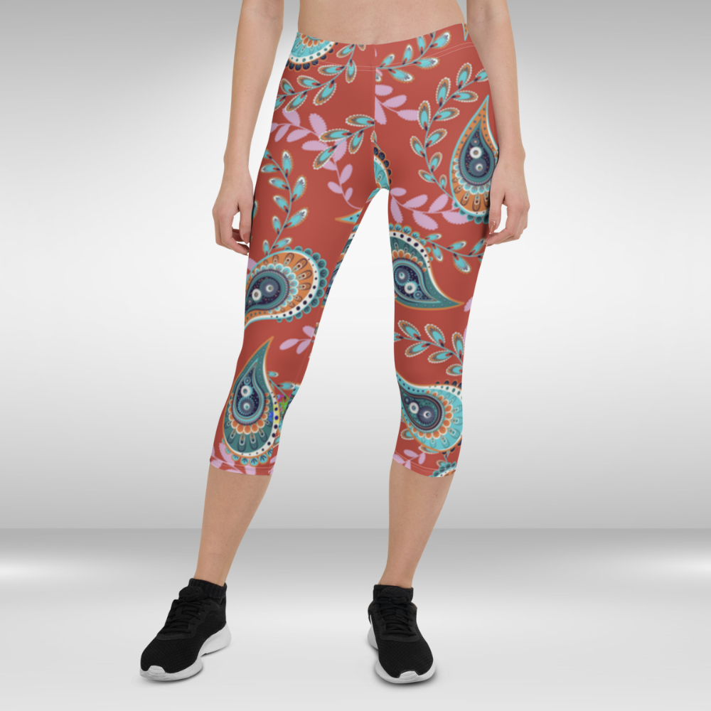 Women Gym Capri Legging - Red Paisley Print