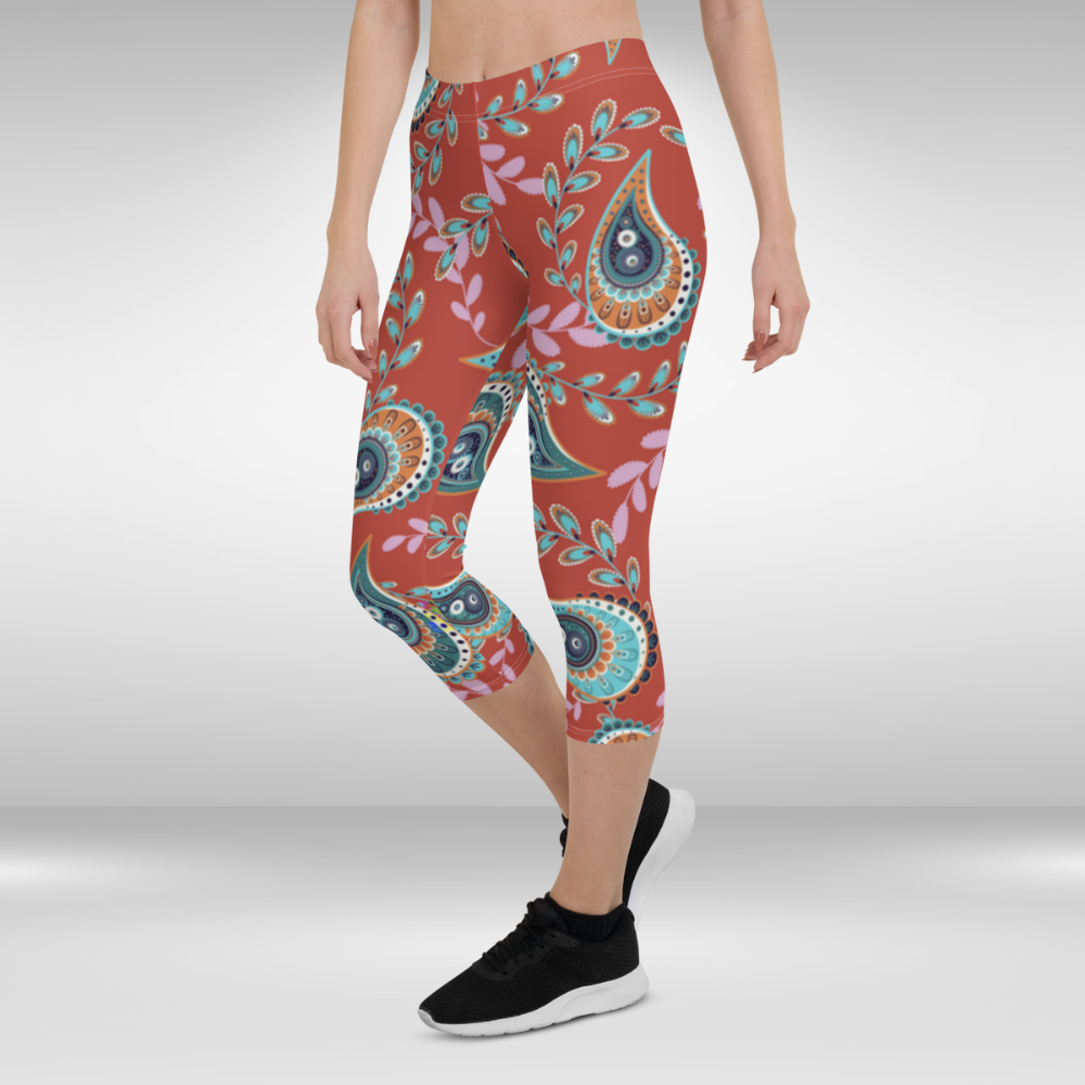 Women Gym Capri Legging - Red Paisley Print