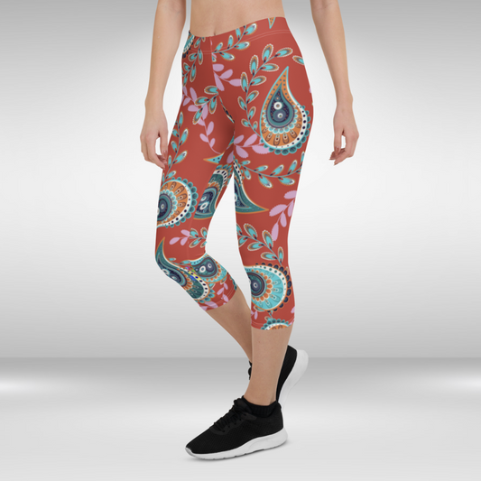 Women Gym Capri Legging - Red Paisley Print