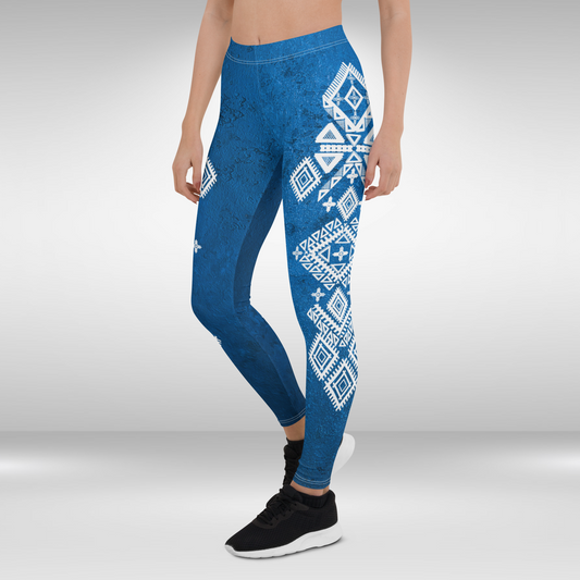Women Yoga Legging - Blue and White Geometric Print