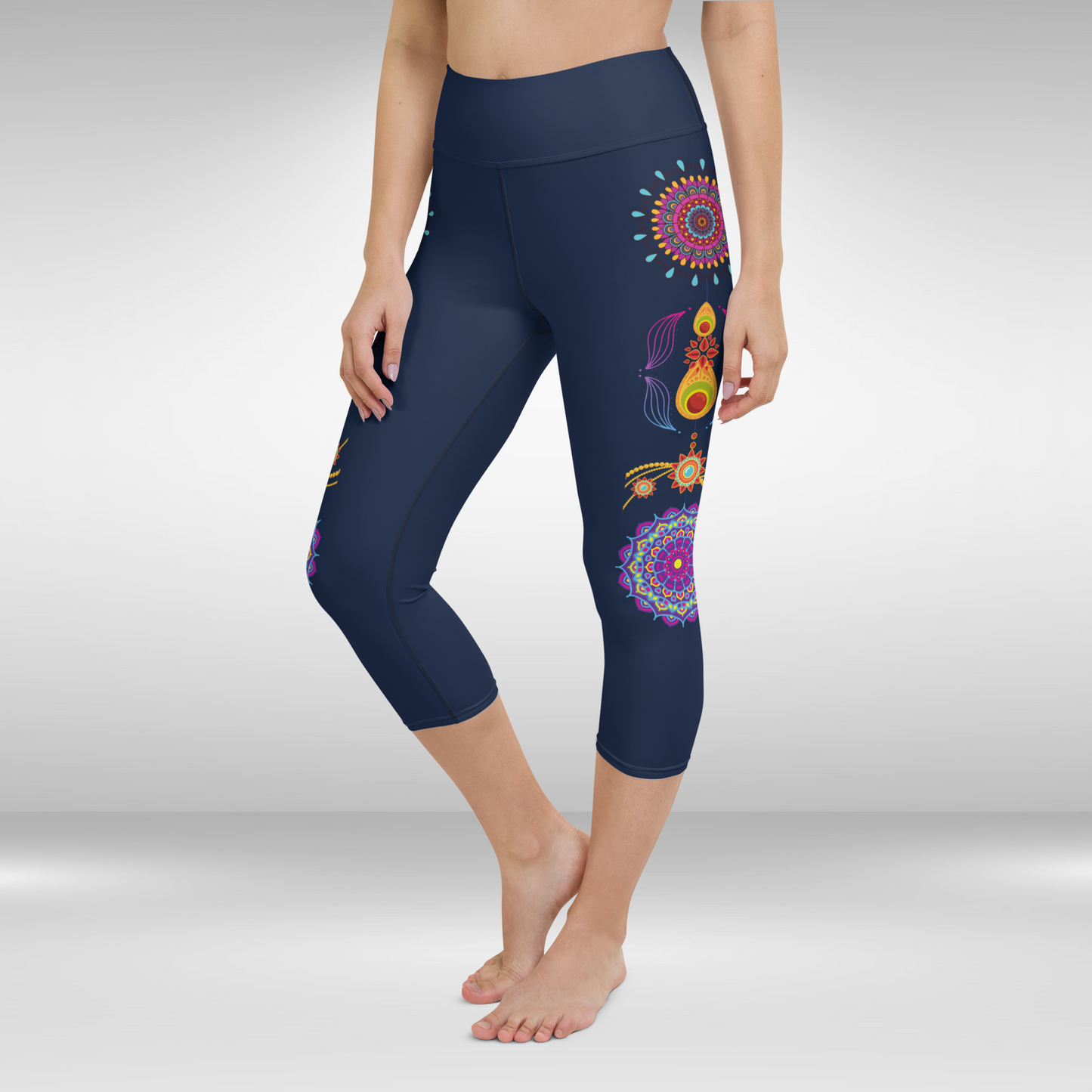 Women Capri Legging - Navy Blue Festive Mandala Print