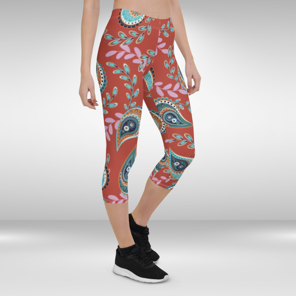 Women Gym Capri Legging - Red Paisley Print
