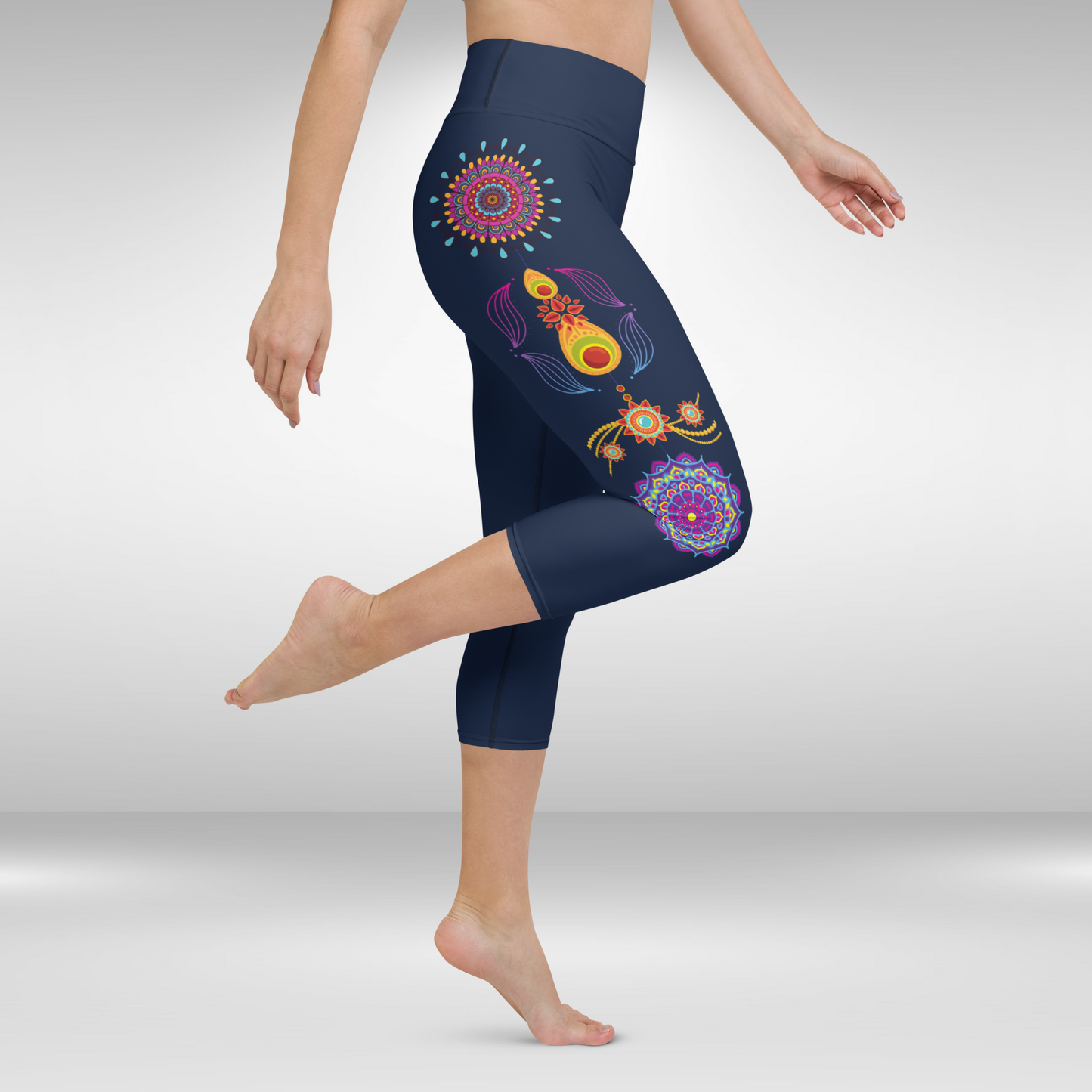 Women Capri Legging - Navy Blue Festive Mandala Print