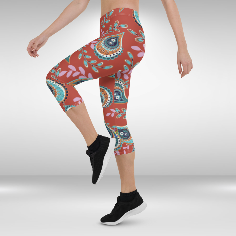Women Gym Capri Legging - Red Paisley Print