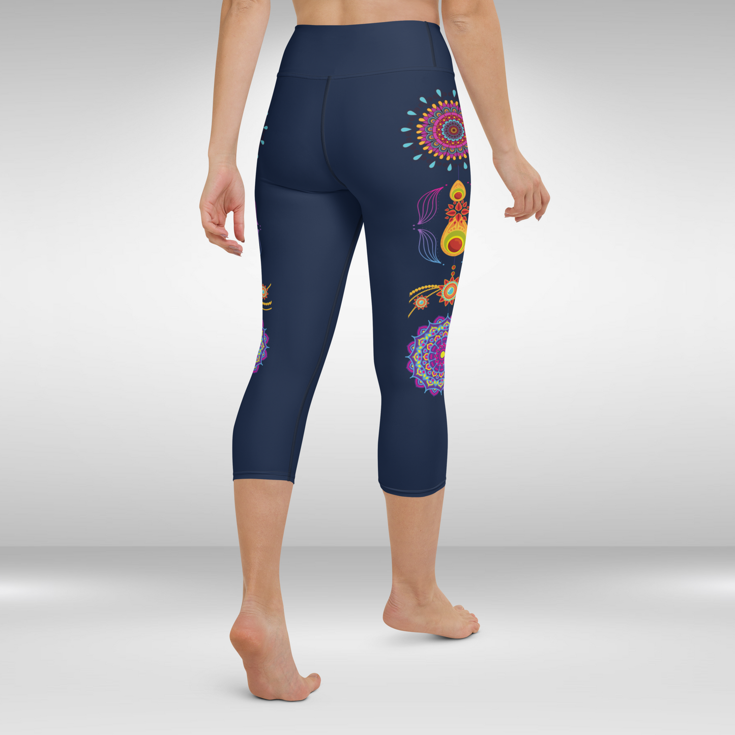 Women Capri Legging - Navy Blue Festive Mandala Print