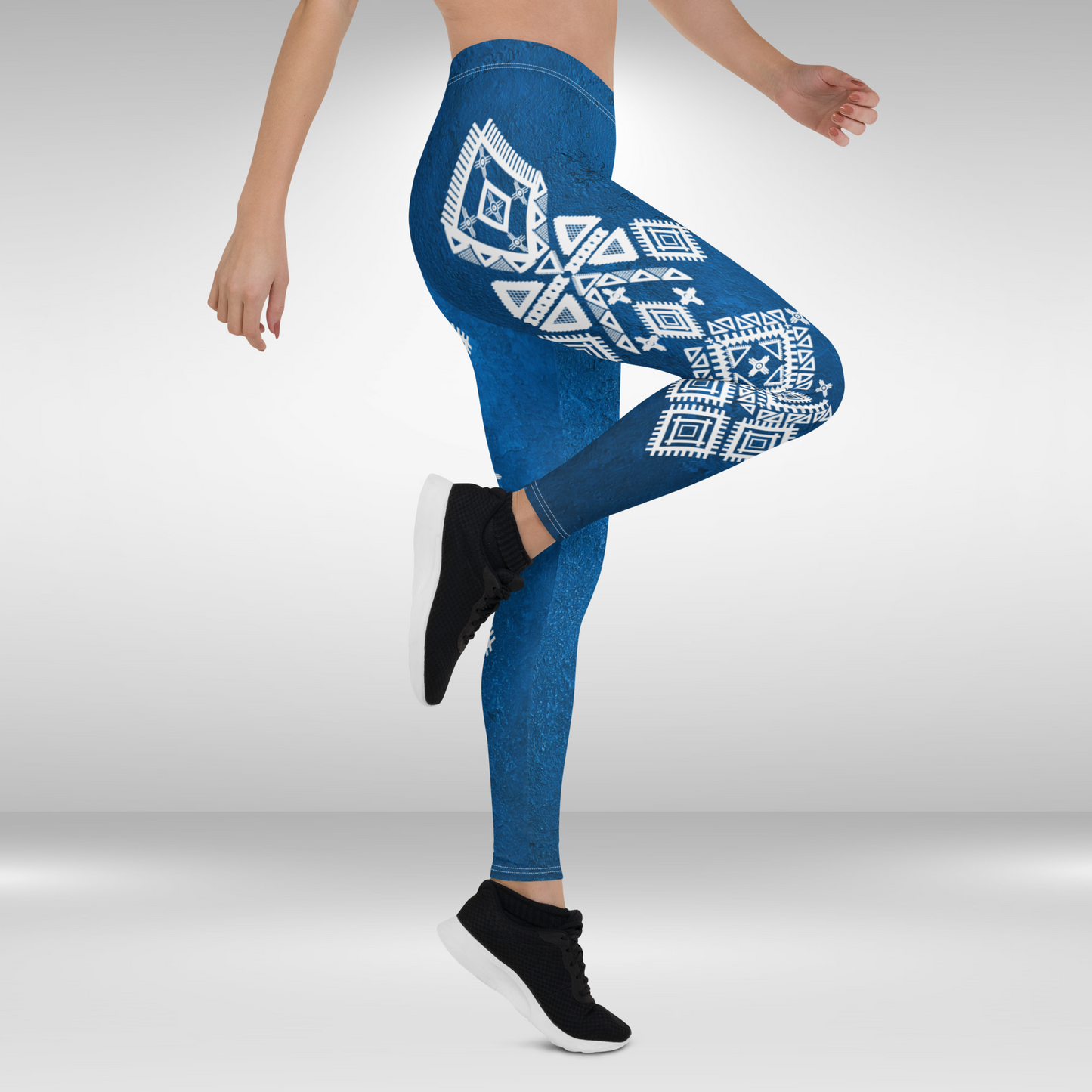 Women Yoga Legging - Blue and White Geometric Print