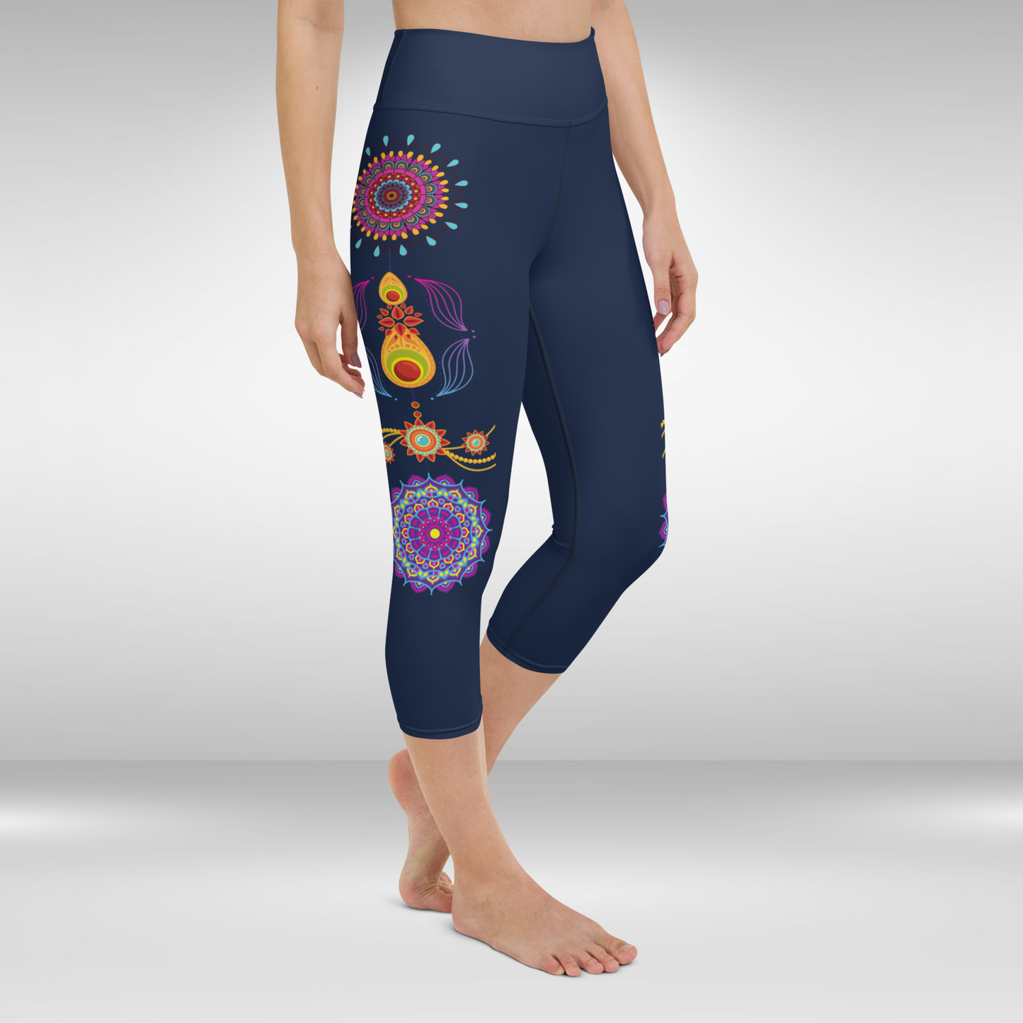 Women Capri Legging - Navy Blue Festive Mandala Print