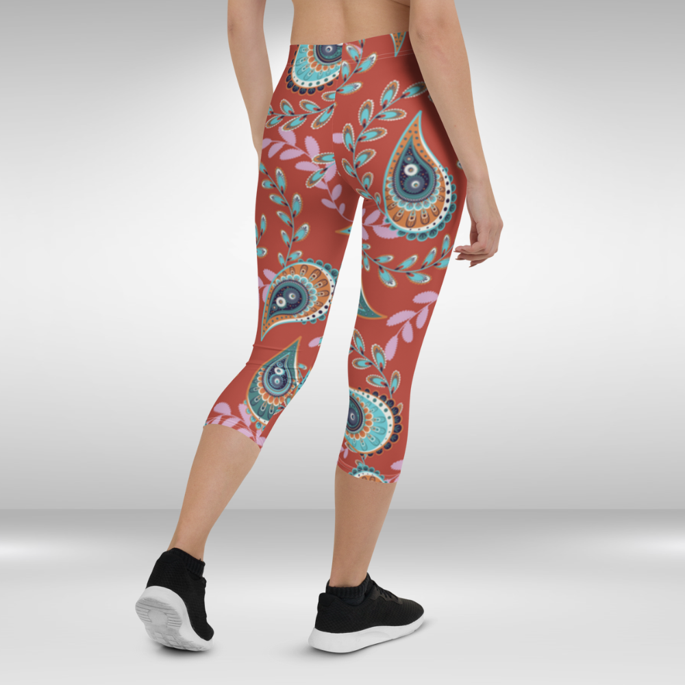 Women Gym Capri Legging - Red Paisley Print