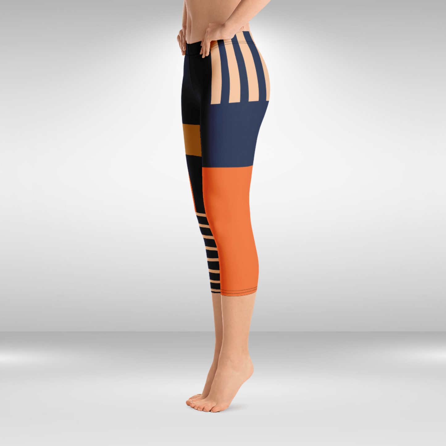 Women Gym Capri Legging - Blue and Orange Abstract Print