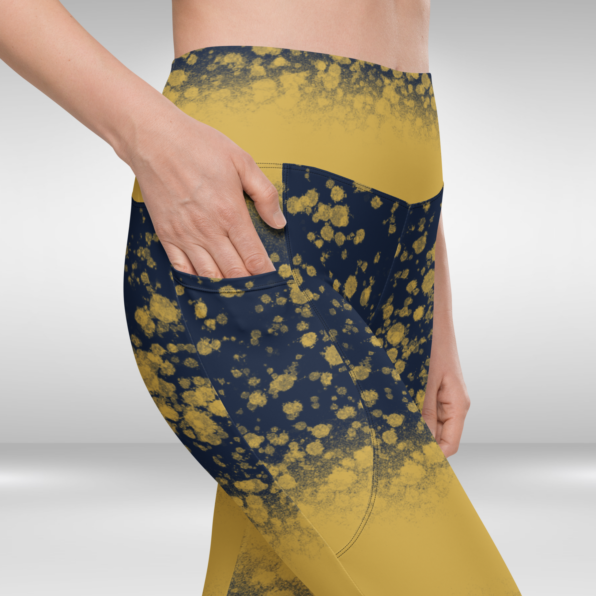 Women Gym Legging With Pockets - Abstract Gold Print