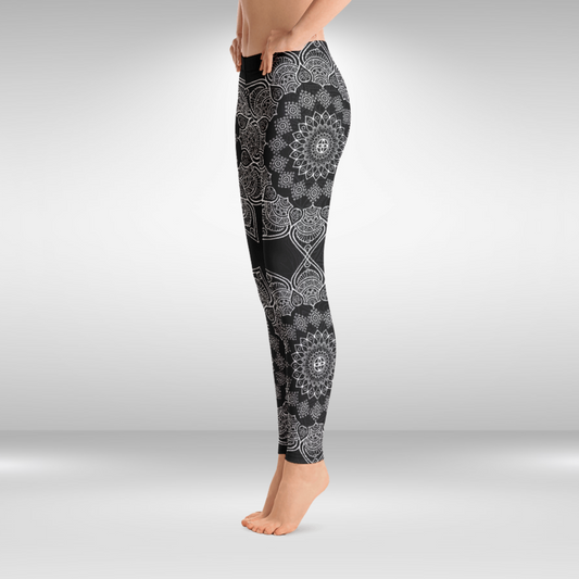 Women Gym Legging - Black and White Mandala Print