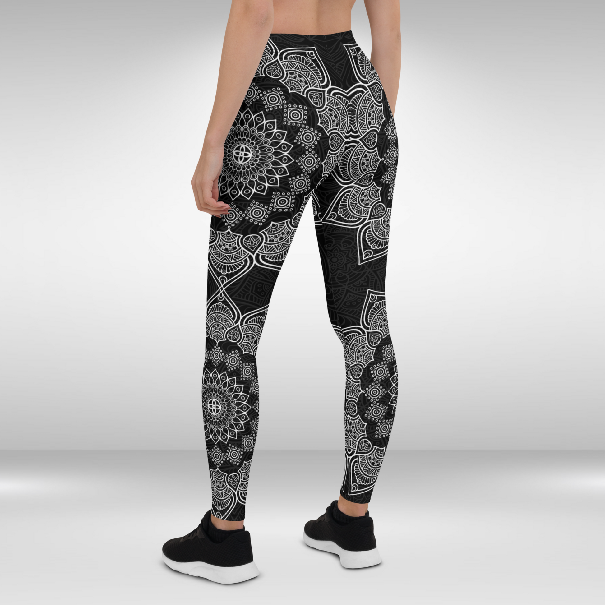 Women Gym Legging - Black and White Mandala Print
