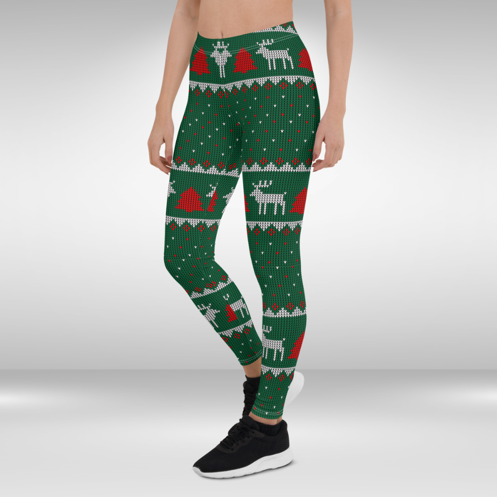 Women Gym Legging - Green Red Christmas Reindeer Print