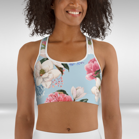 Women Sports Bra - Blue Spring Blossom Print