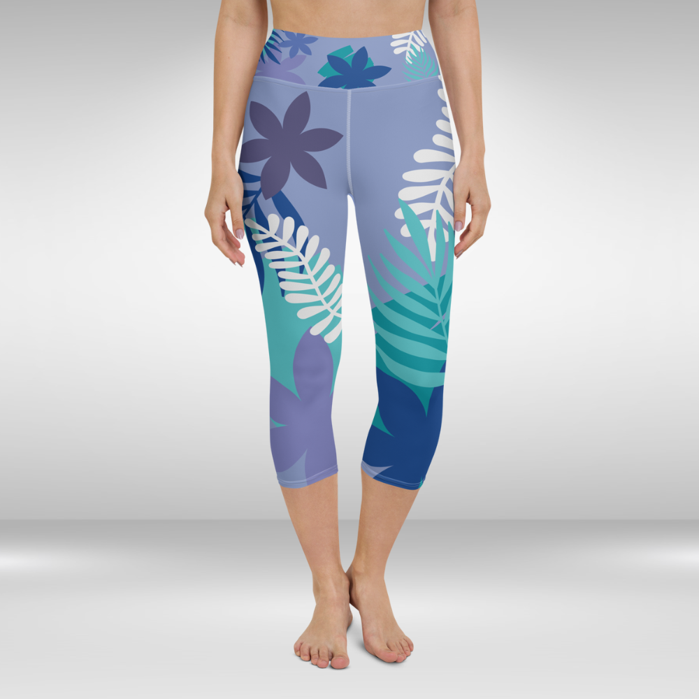Women Capri Legging - Blue Floral Palm Print