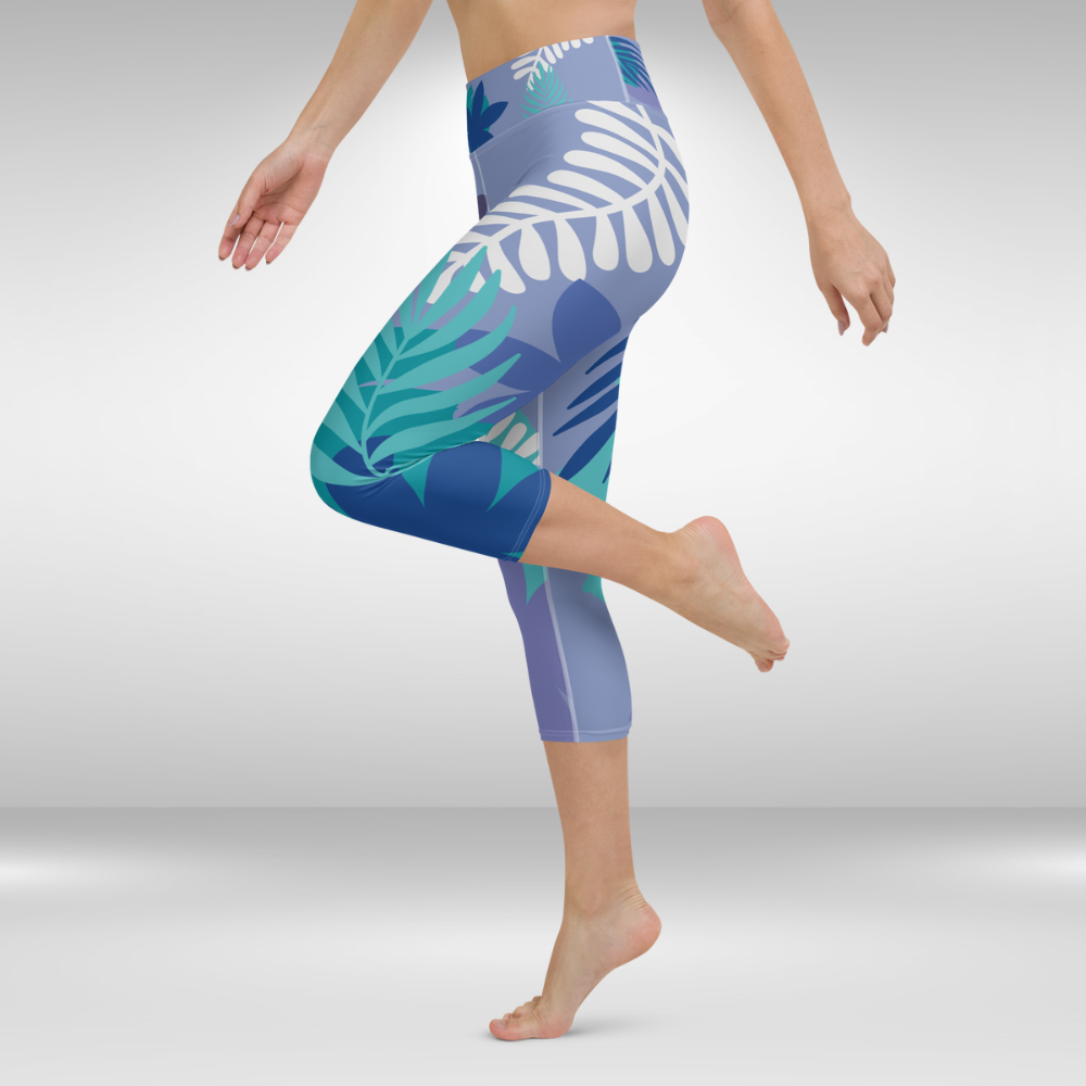 Women Capri Legging - Blue Floral Palm Print
