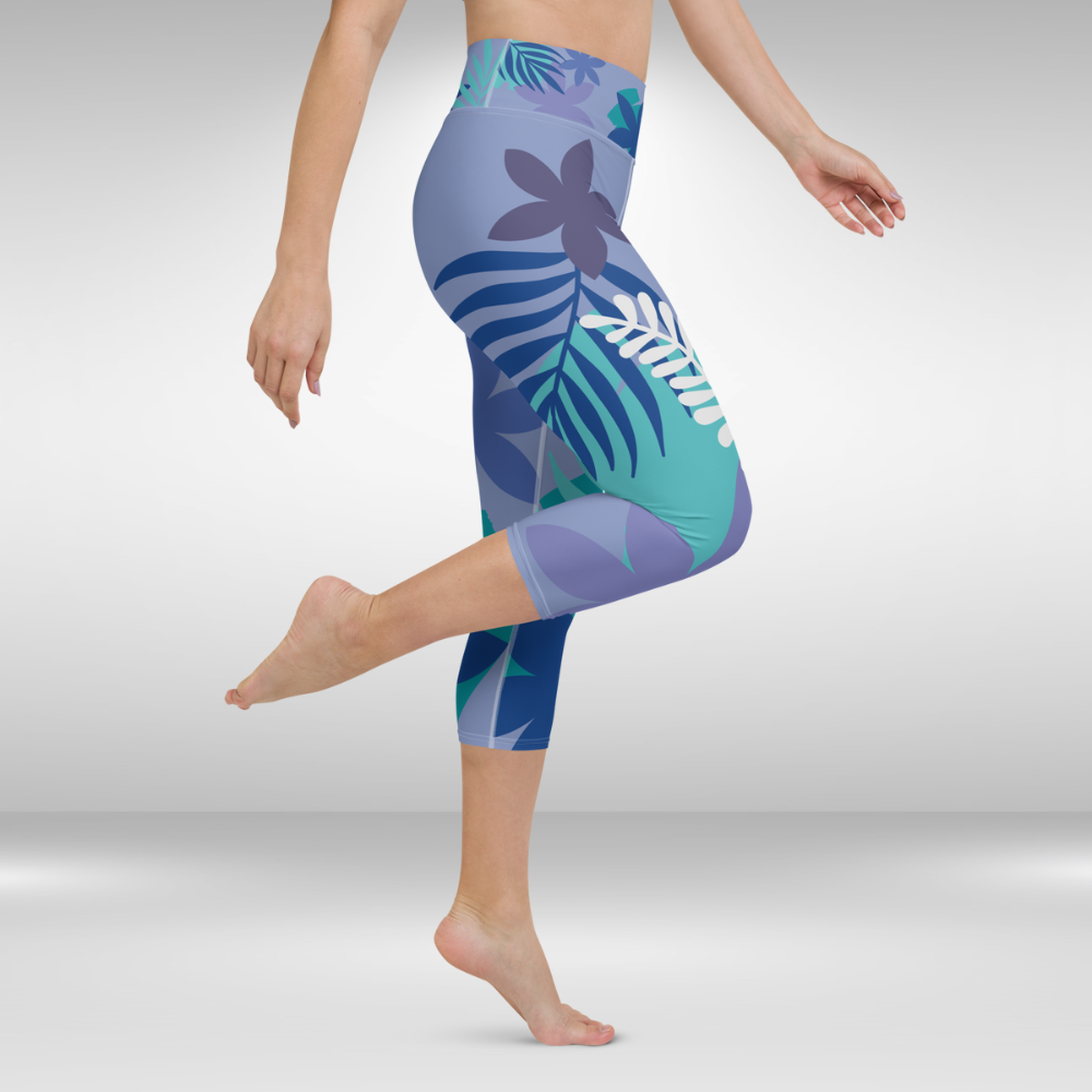 Women Capri Legging - Blue Floral Palm Print