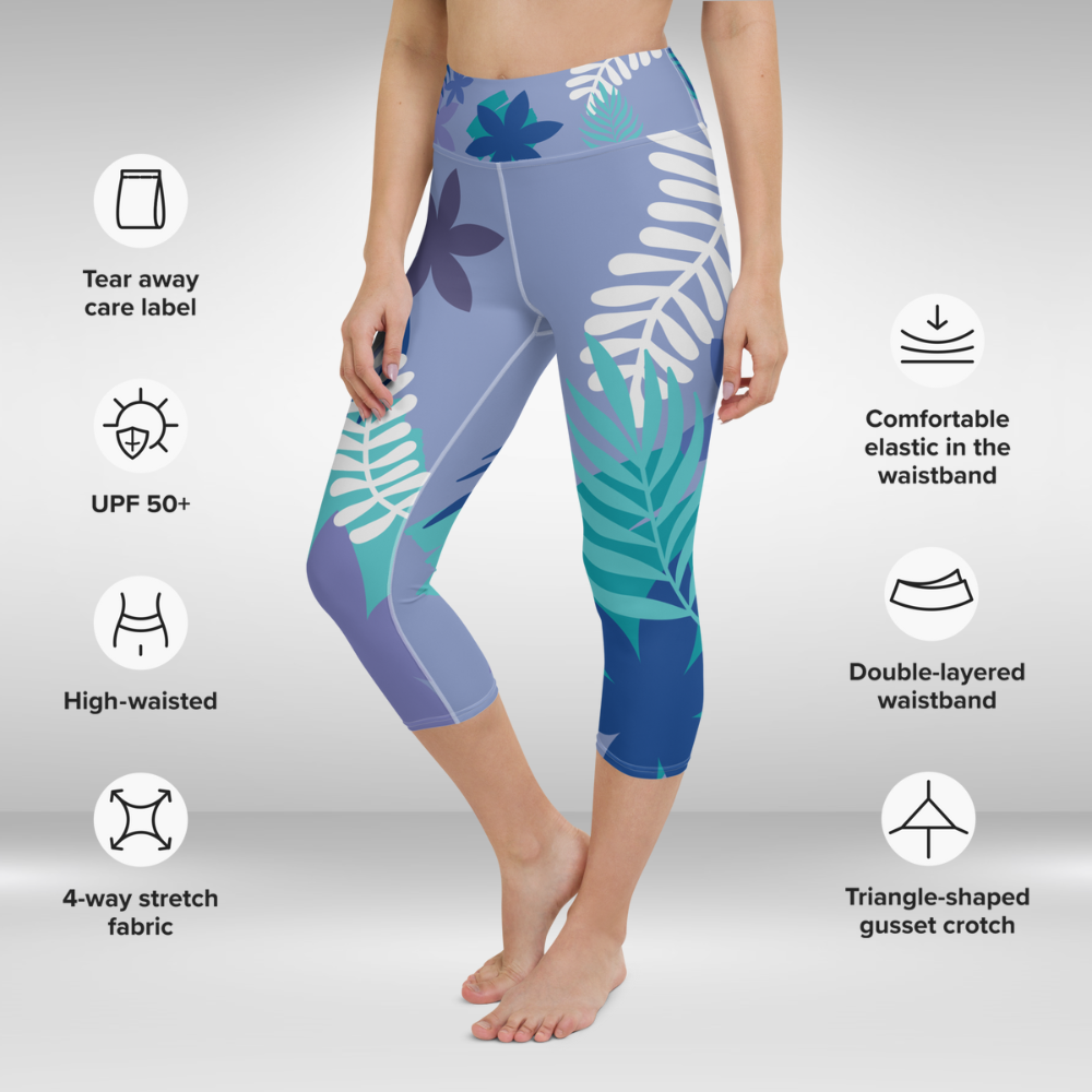 Women Capri Legging - Blue Floral Palm Print