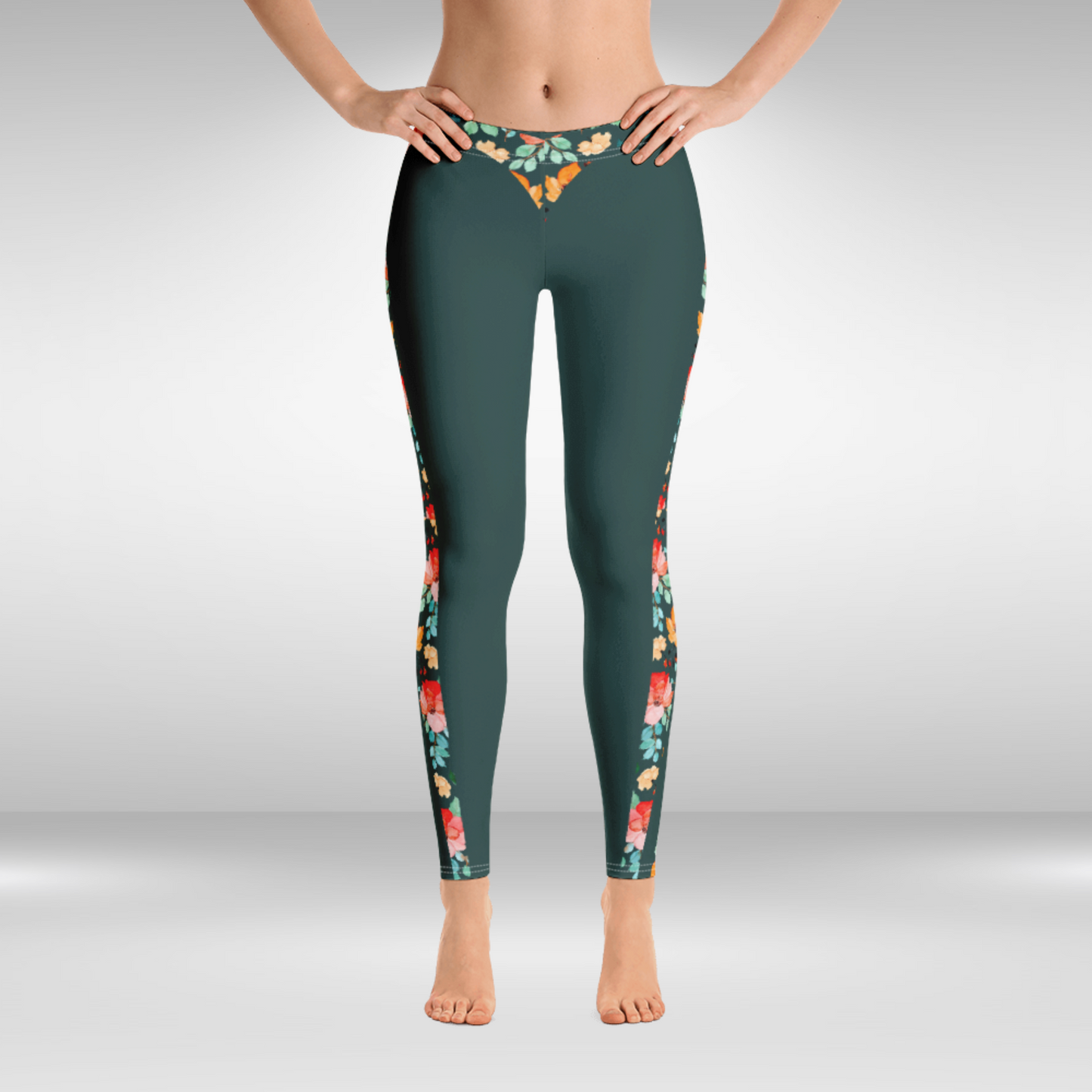 Women Gym Legging - Green and Blue Floral Print