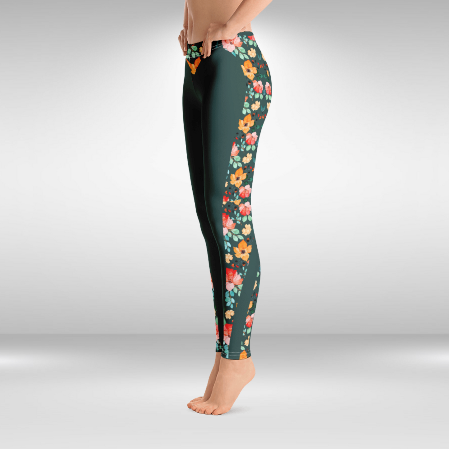 Women Gym Legging - Green and Blue Floral Print