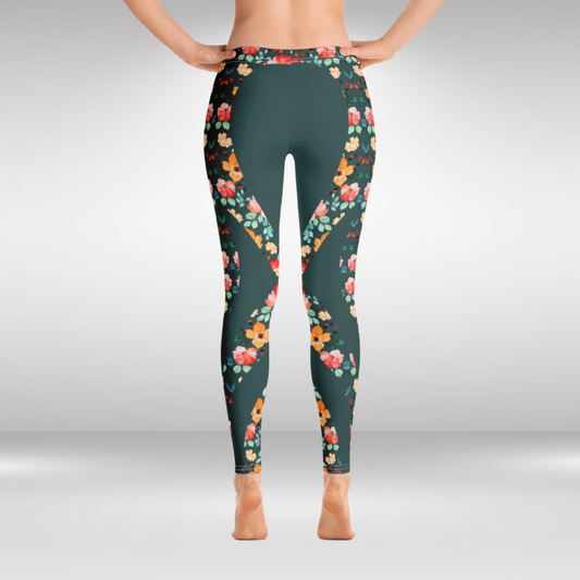 Women Gym Legging - Green and Blue Floral Print