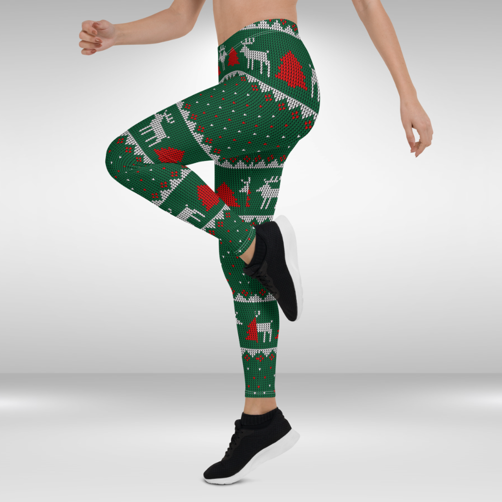 Women Gym Legging - Green Red Christmas Reindeer Print
