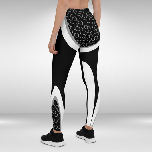 Women Gym Legging - Black and White Honeycomb Print