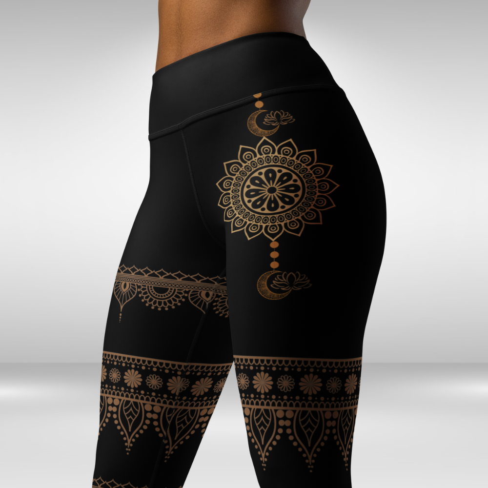 Women Yoga Legging - Black Mehndi Print