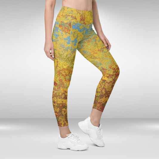 Women Gym Legging With Pockets - Rustic Gold Abstract Print
