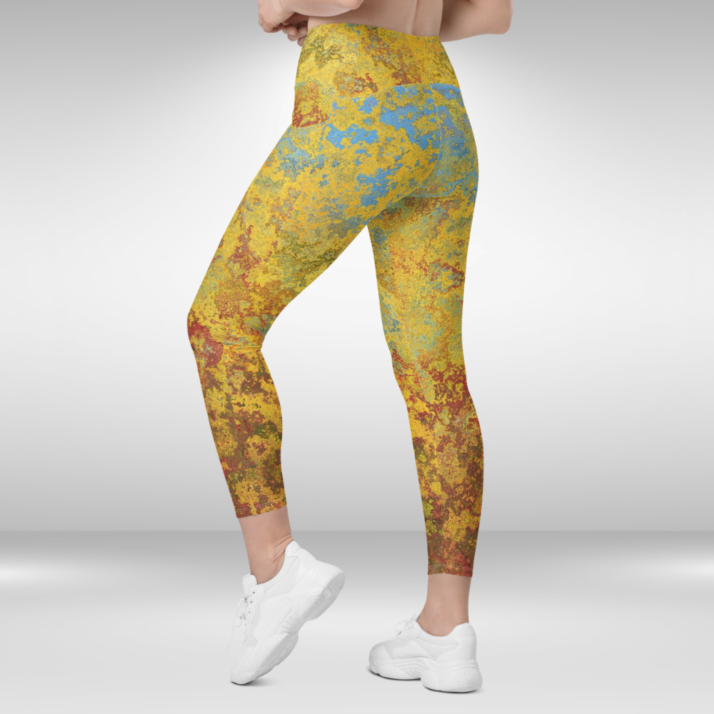 Women Gym Legging With Pockets - Rustic Gold Abstract Print