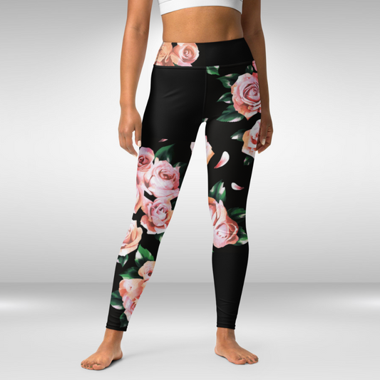 Women Yoga Leggings - Black Rose Print