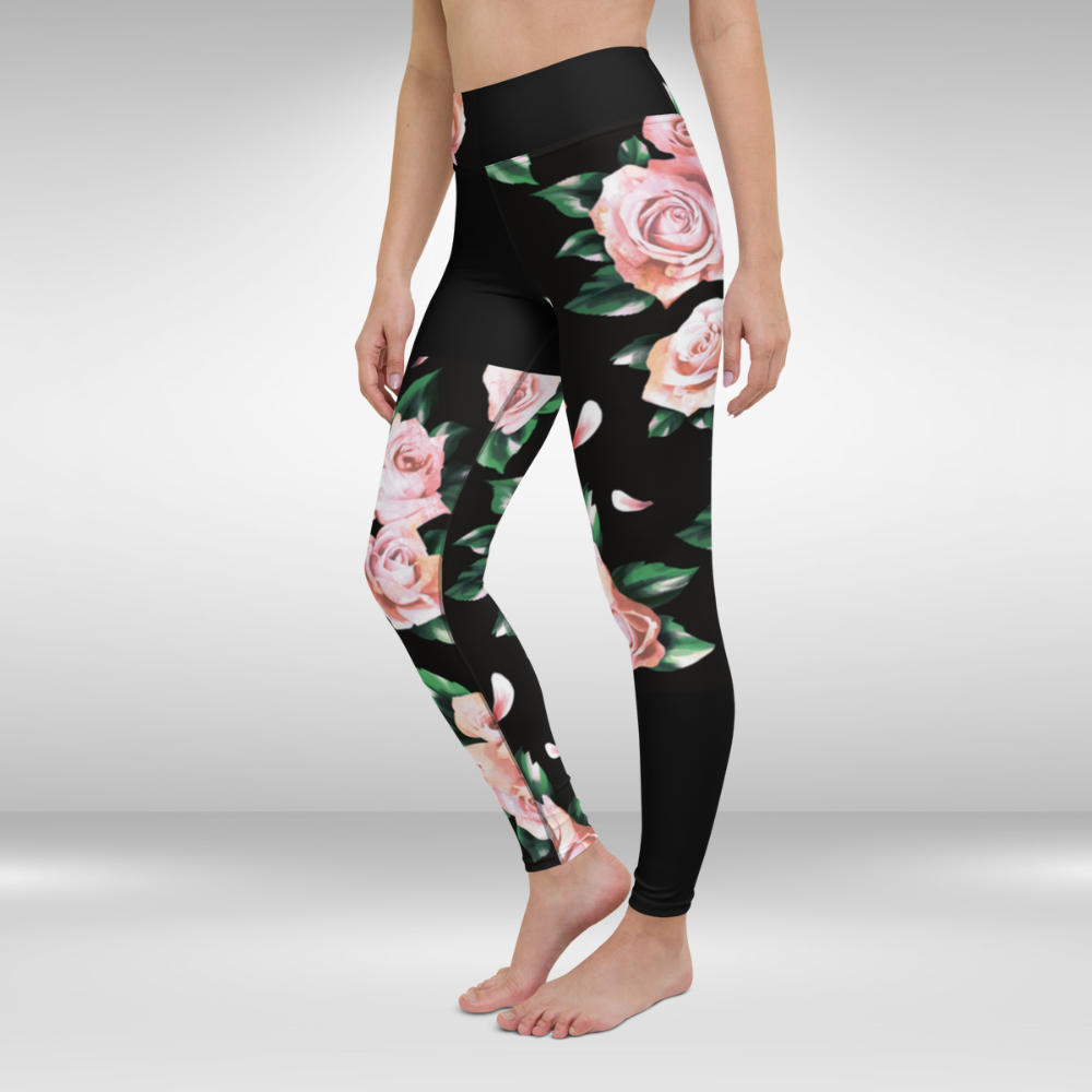 Women Yoga Leggings - Black Rose Print