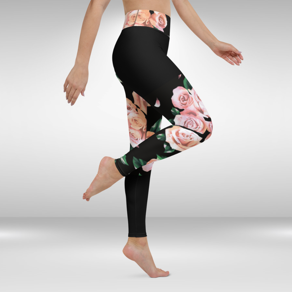 Women Yoga Leggings - Black Rose Print