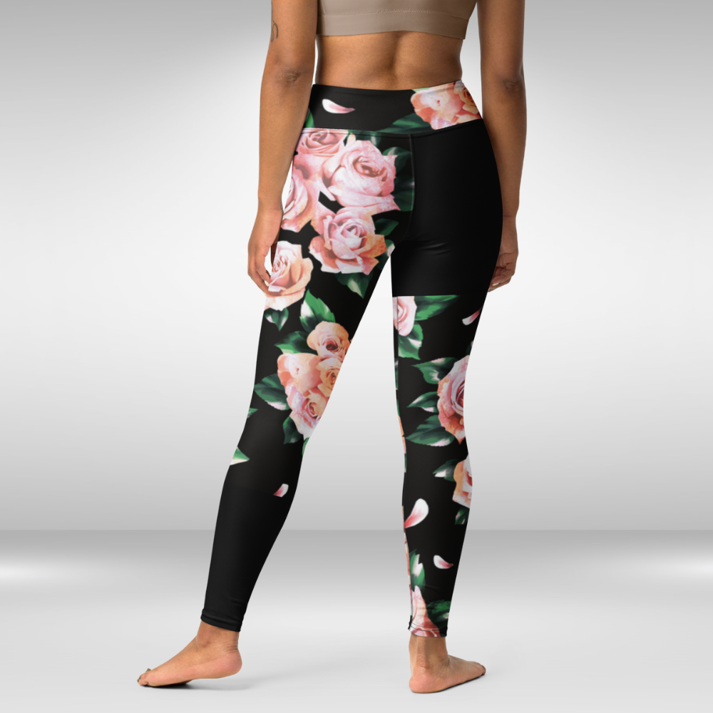 Women Yoga Leggings - Black Rose Print