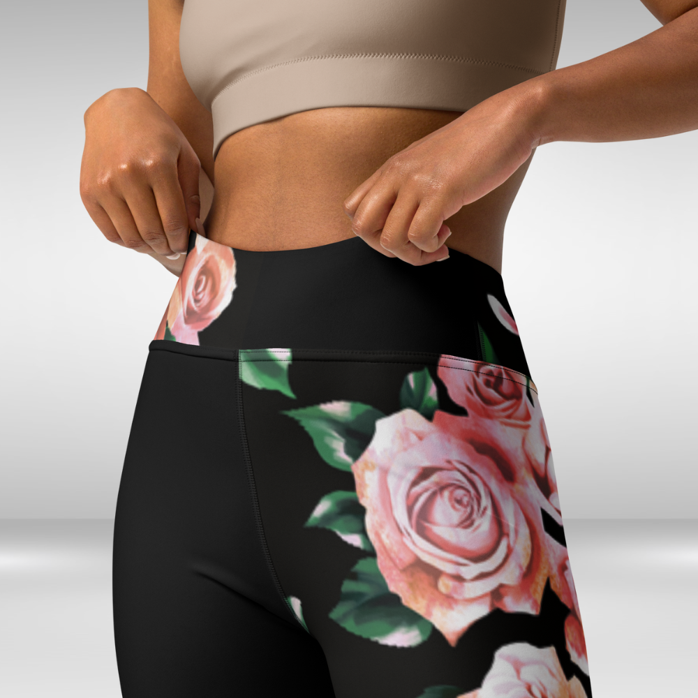 Women Yoga Leggings - Black Rose Print