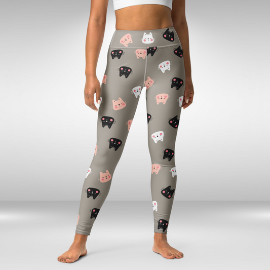 Women Yoga Leggings - Grey Cat Print