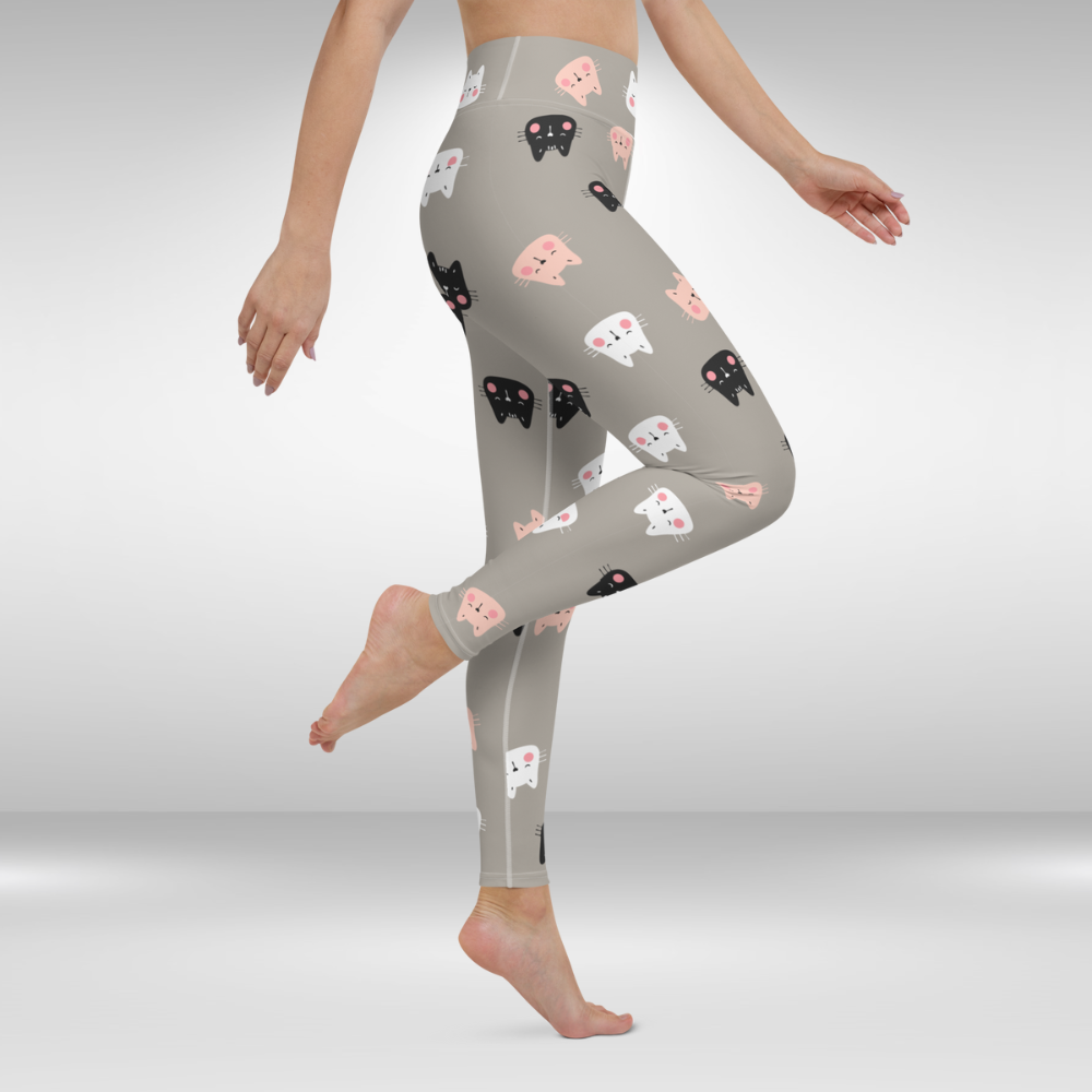 Women Yoga Leggings - Grey Cat Print