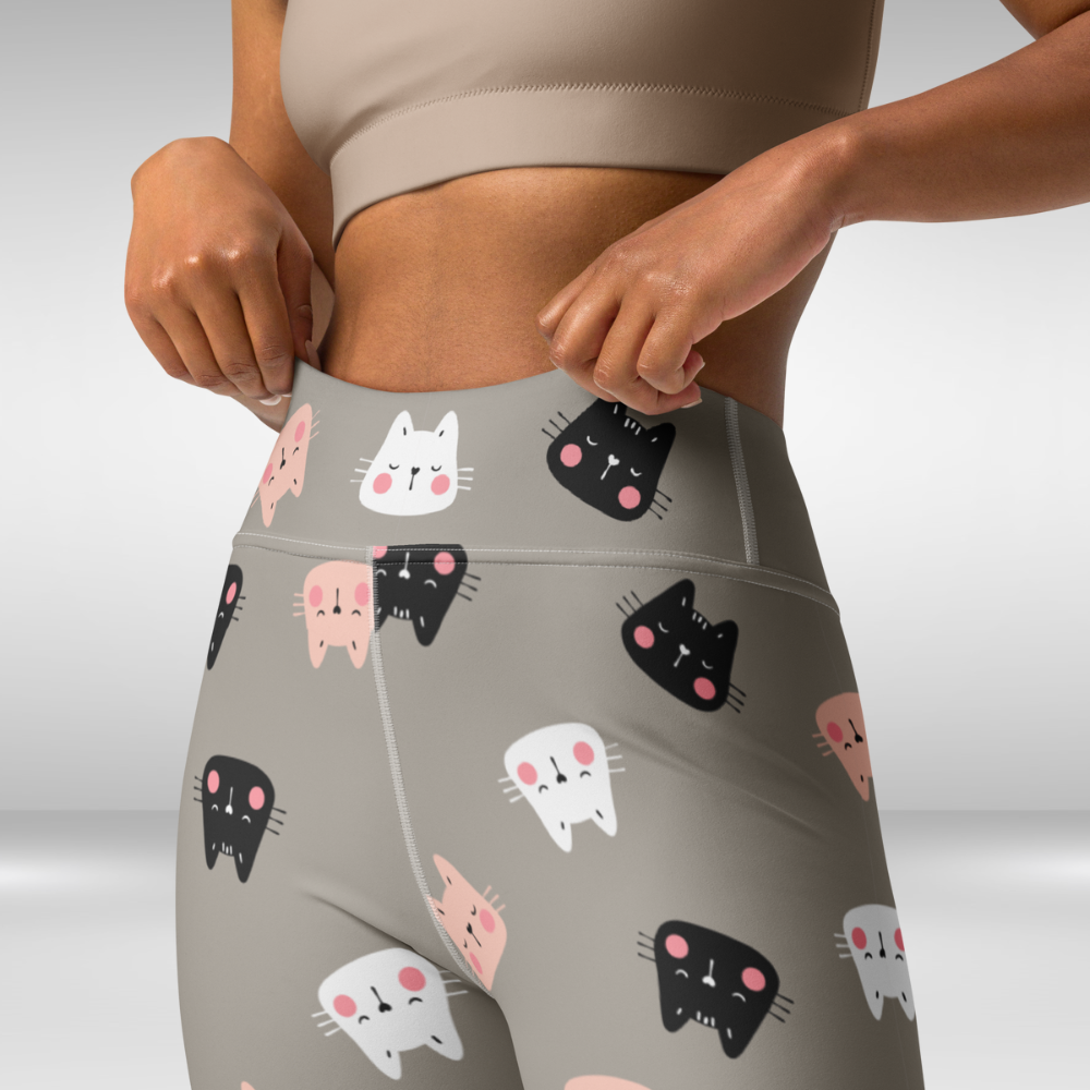 Women Yoga Leggings - Grey Cat Print