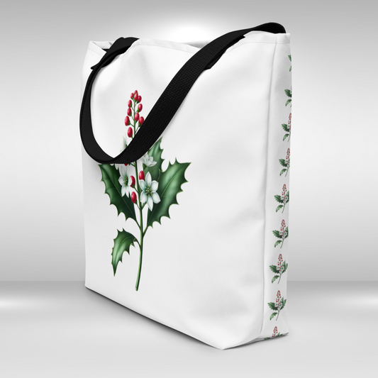 Shopping Tote Bag Large - December Birth Flower Holly Print