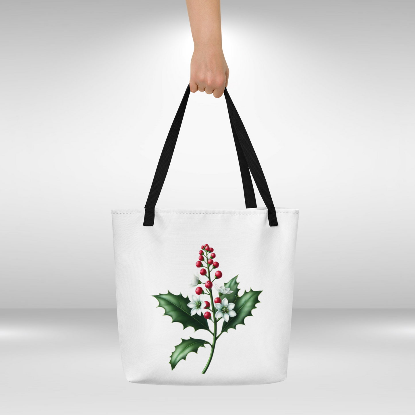 Shopping Tote Bag Large - December Birth Flower Holly Print