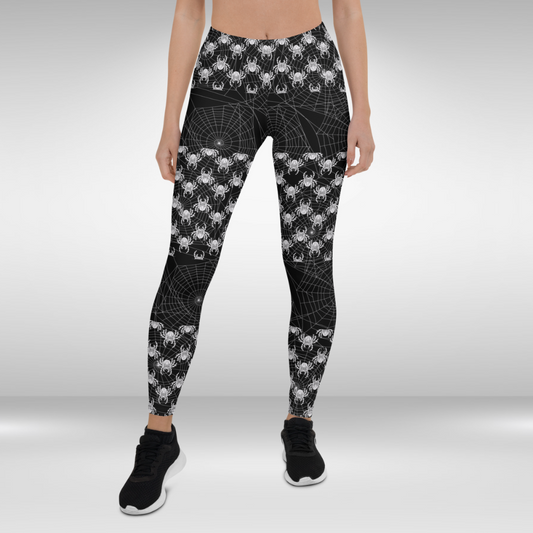 Women Gym Legging - Black and White Spider Webb Halloween Print