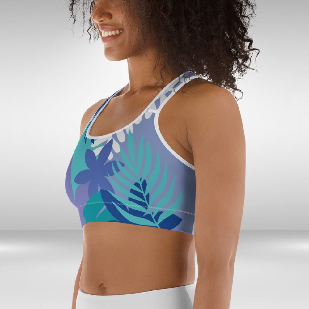 Women Sports Bra - Blue Floral Palm Print
