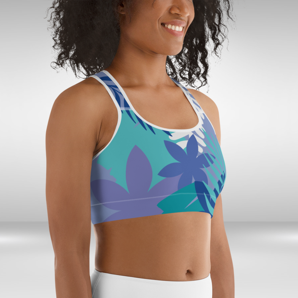 Women Sports Bra - Blue Floral Palm Print