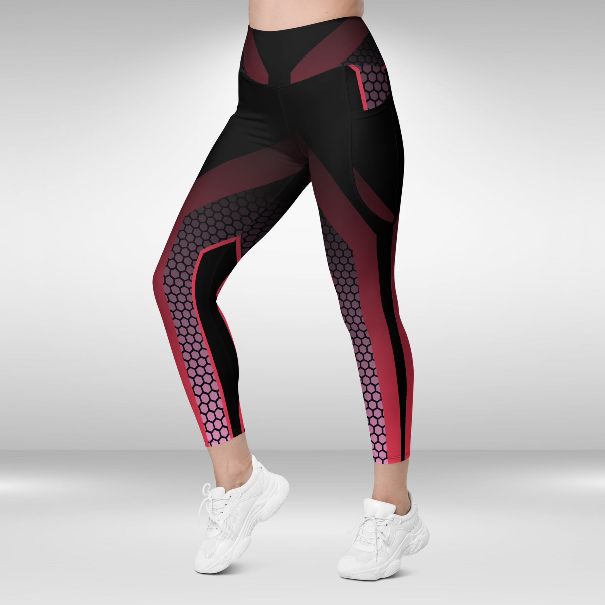Women Gym Legging With Pockets - Black Geometric Print