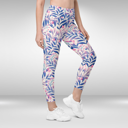 Women Gym Legging With Pockets - Blue Tropical Floral Print