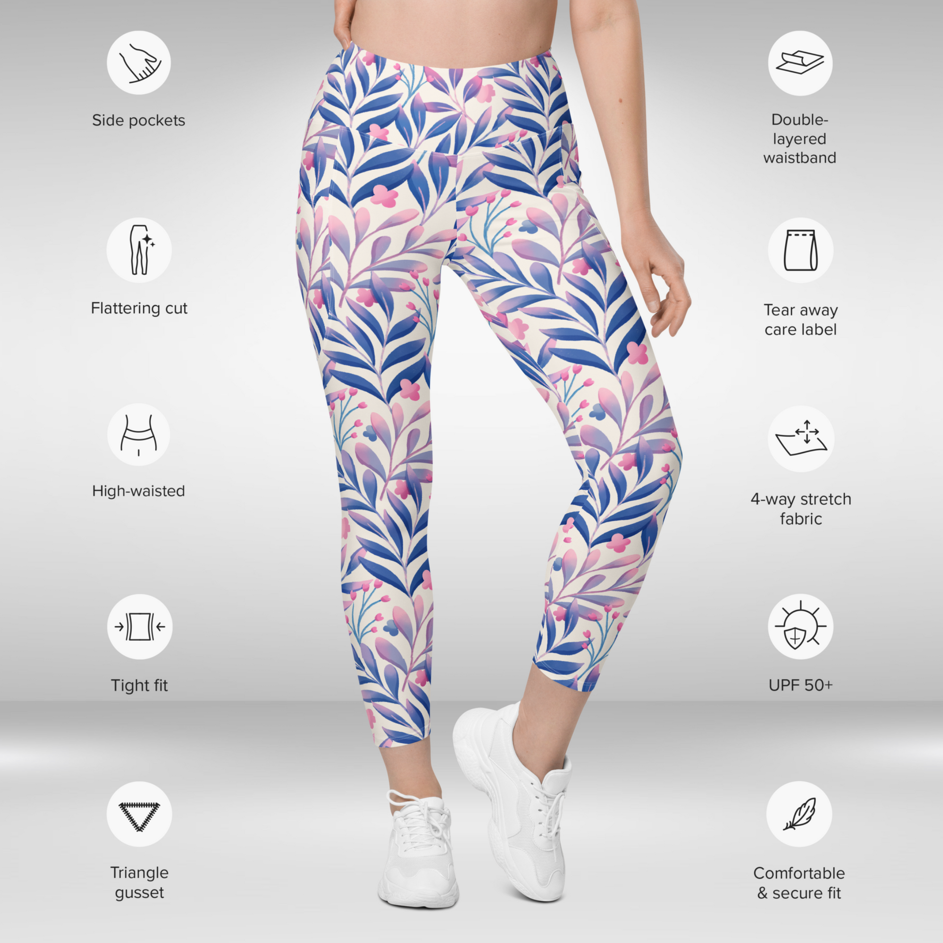 Women Gym Legging With Pockets - Blue Tropical Floral Print