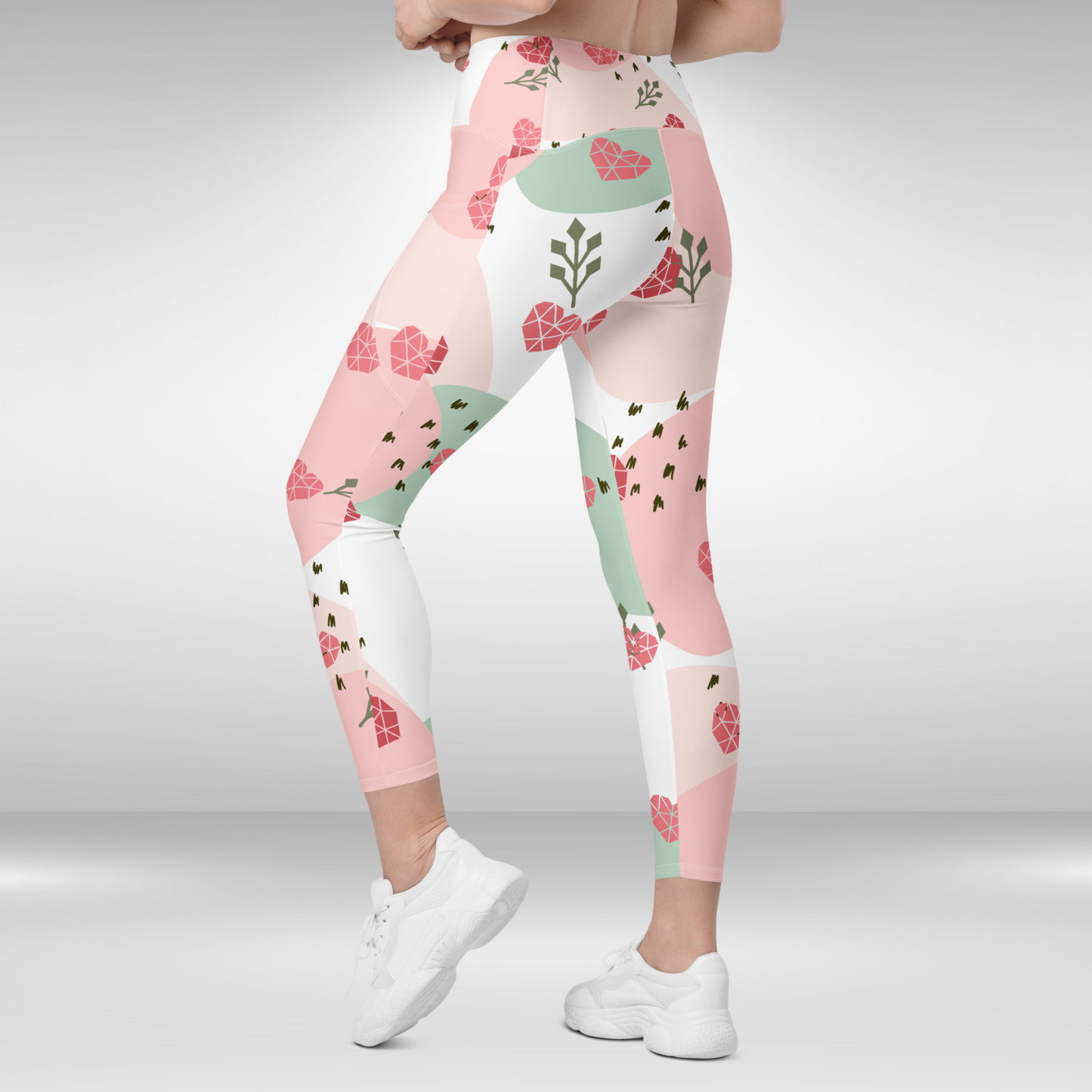 Women Gym Legging With Pockets - Pink Valentines Heart Print