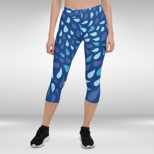 Women Gym Capri Legging - Blue Water Drops Print