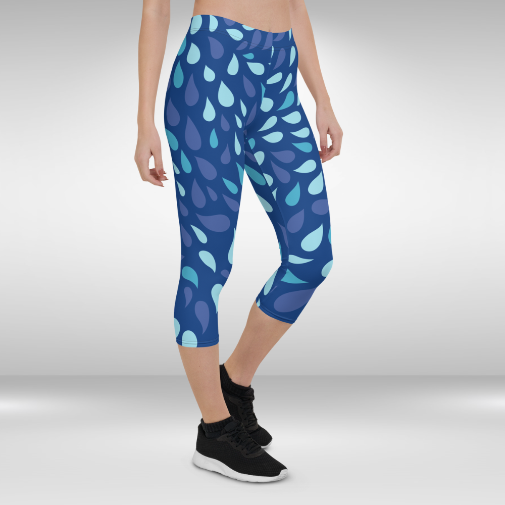 Women Gym Capri Legging - Blue Water Drops Print